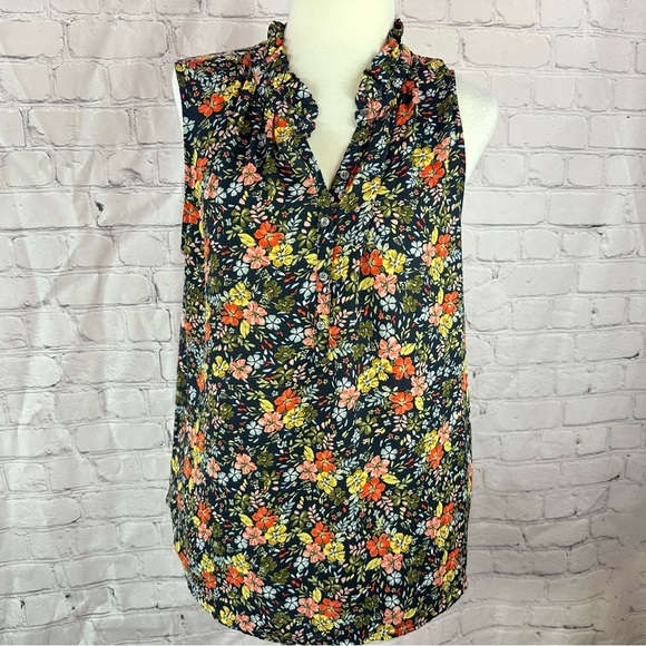 ann taylor LOFT floral Sleeveless Blouse ruffled Mandarin Collar 1/2 button sz L - Picture 1 of 7